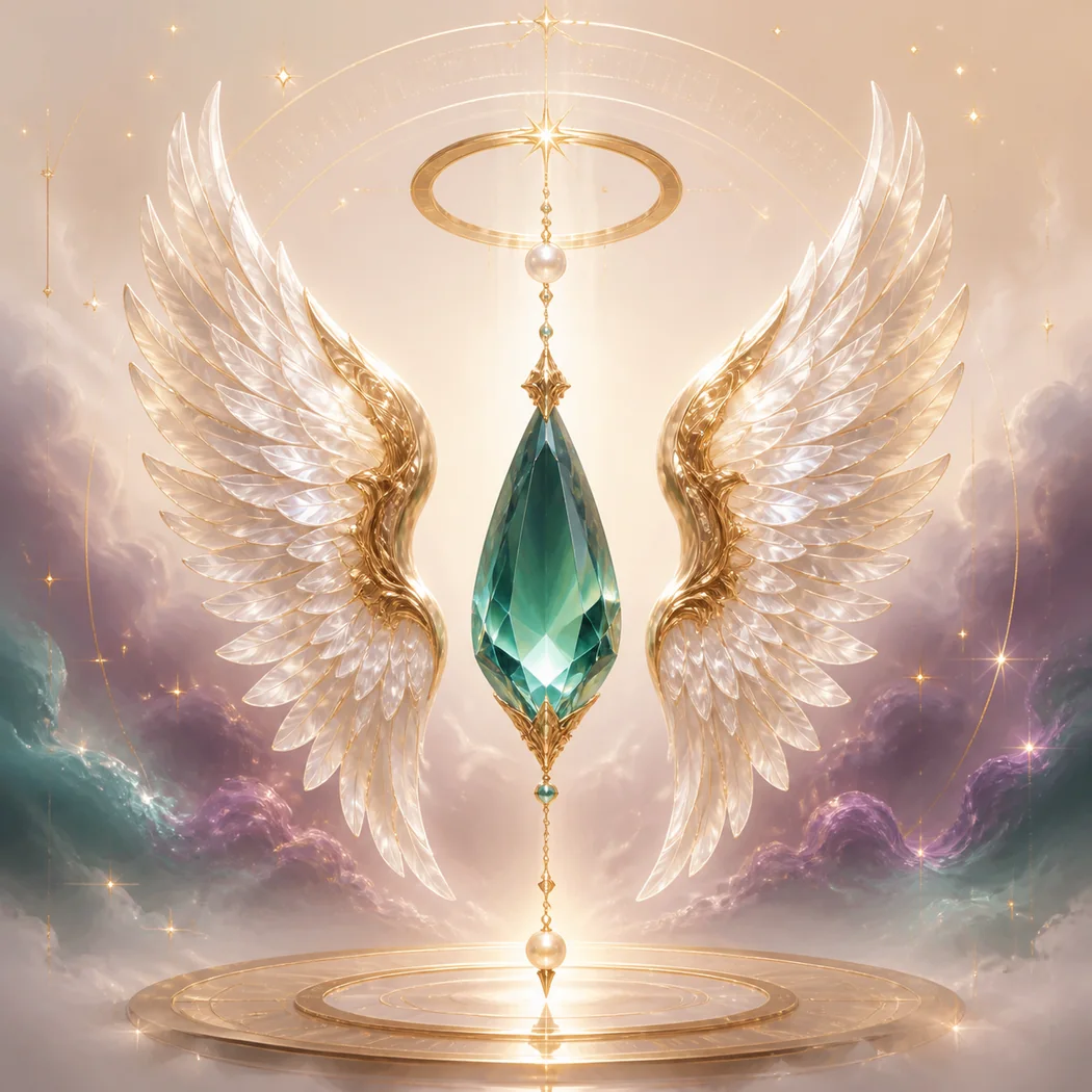Pearl and gold angel wings surrounding a peacock-green crystal