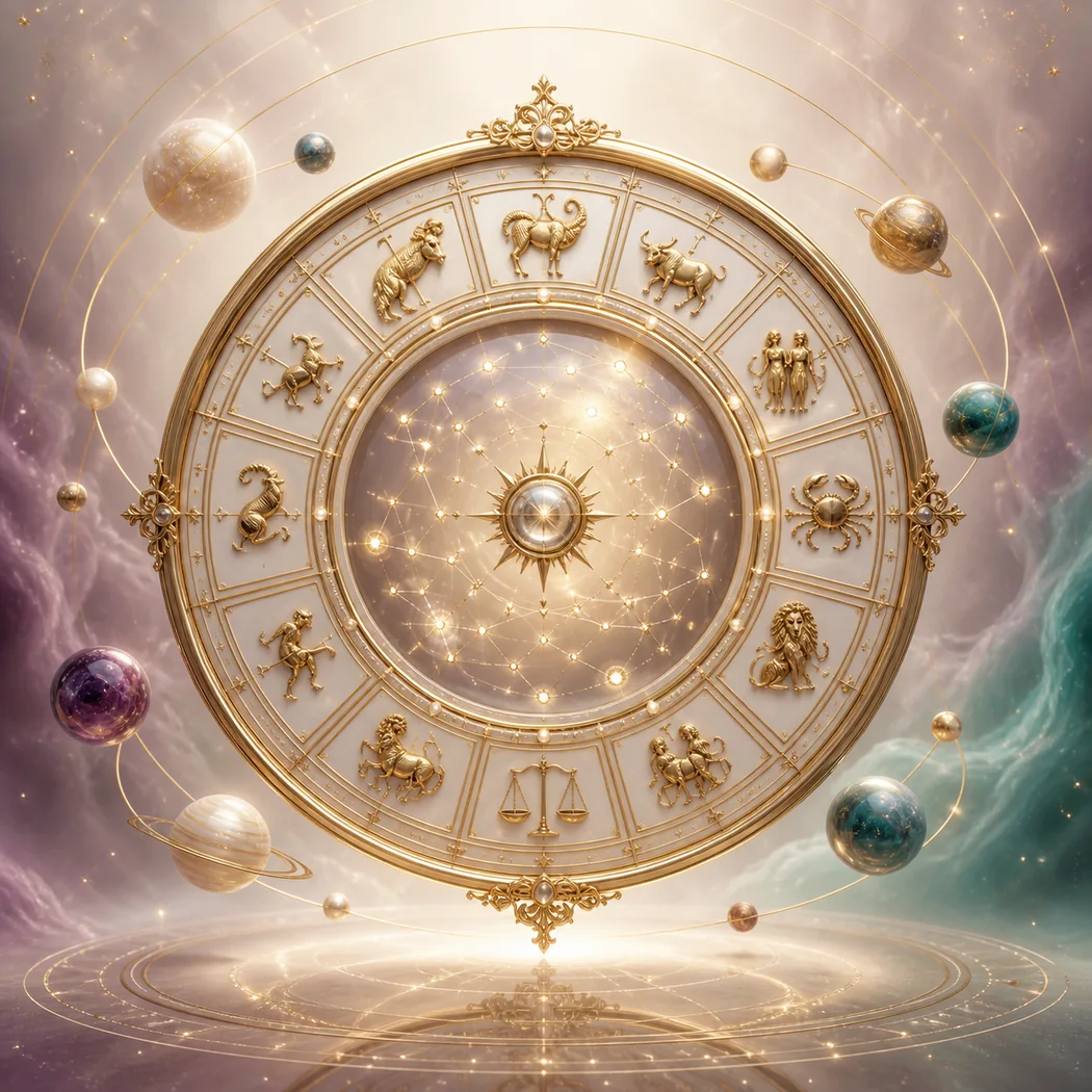 Pearl and antique-gold zodiac wheel surrounded by celestial planets