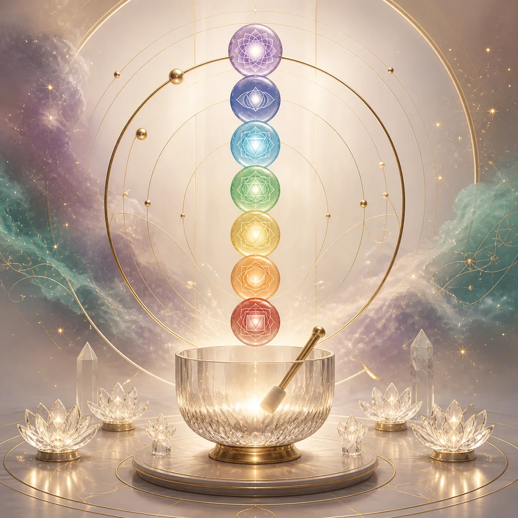 Seven glass chakra discs suspended above a crystal singing bowl