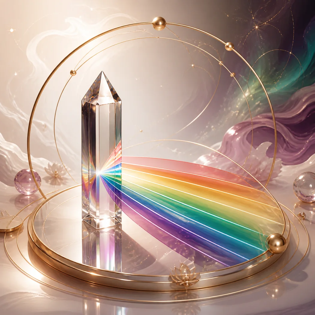Crystal prism casting seven refined colour ribbons through golden orbital rings