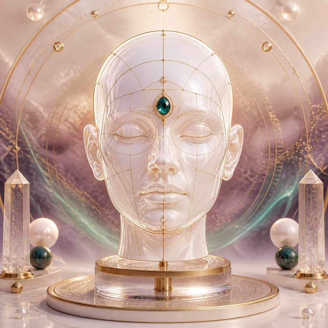 Ivory glass face sculpture with delicate antique-gold mapping lines