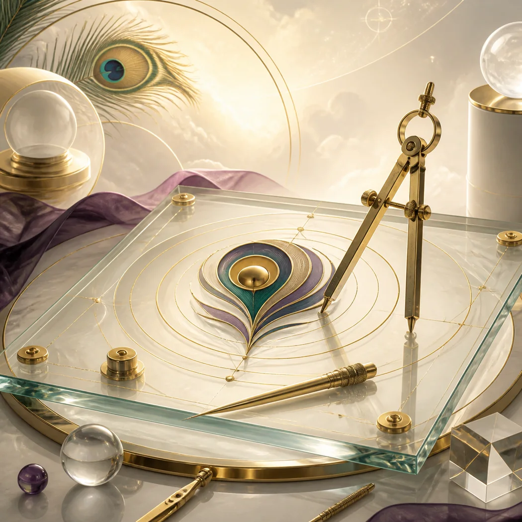 Glass design board, golden compass and abstract peacock-inspired emblem