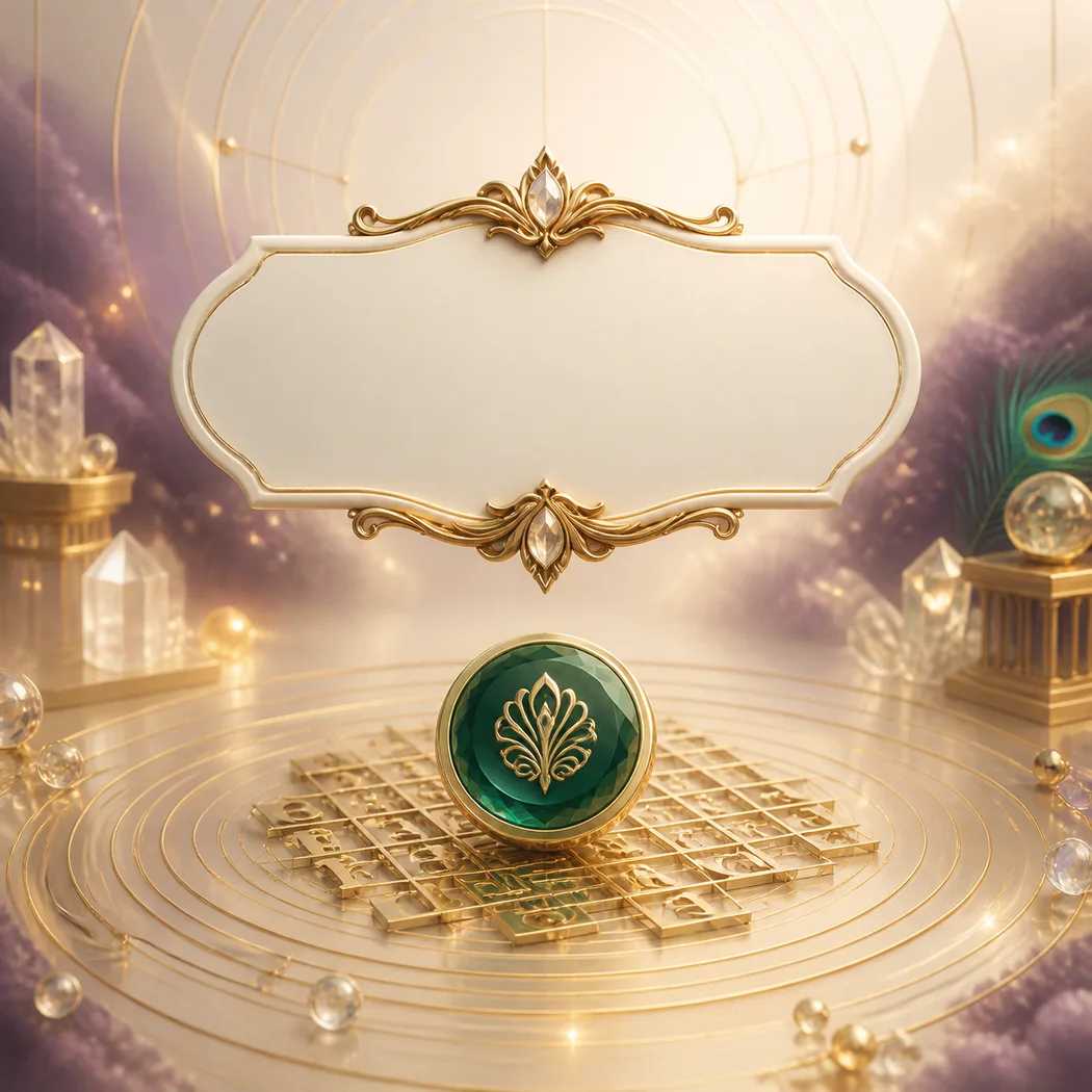 Blank ivory nameplate with antique-gold letter grid and green crystal seal