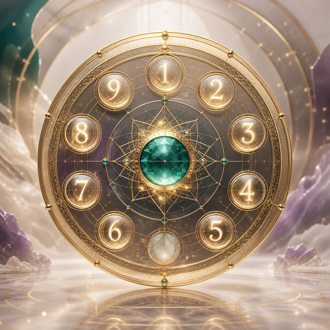 Antique-gold numerology wheel with nine luminous numbers and a peacock-green crystal