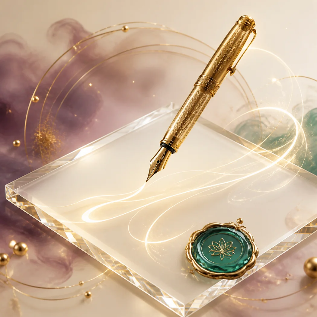 Antique-gold fountain pen creating luminous signature-like strokes on glass