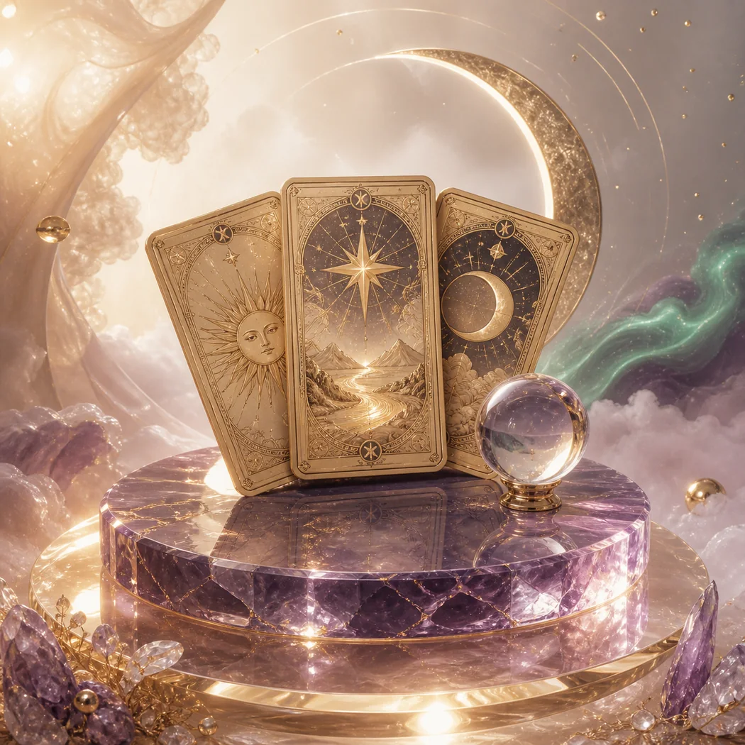 Antique-gold tarot cards, crystal sphere and moon in a pearl celestial setting