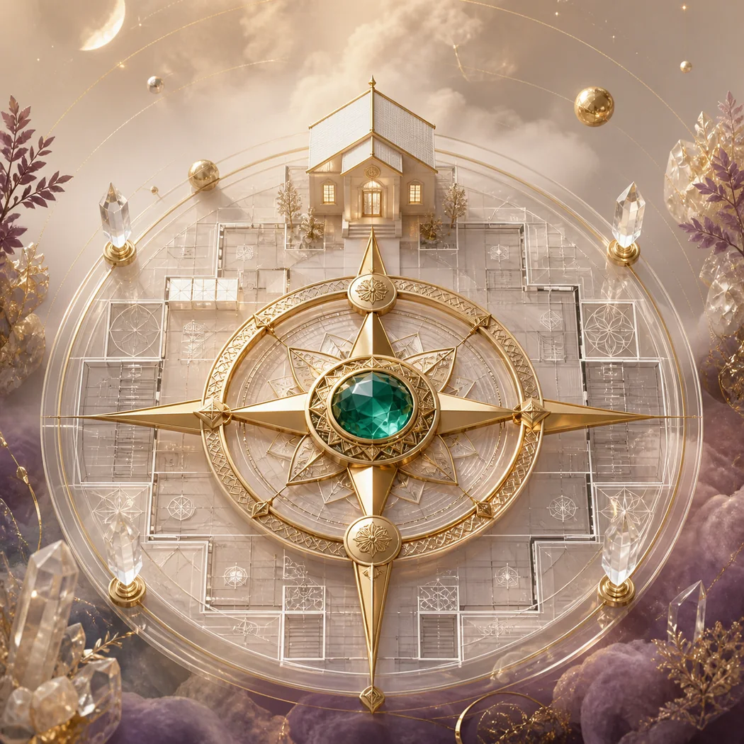 Antique-gold Vastu compass over a glass floor plan and ivory home