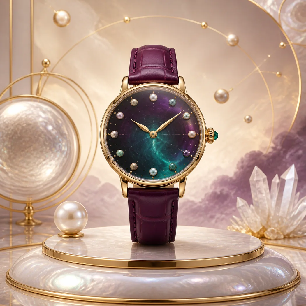 Elegant plum and antique-gold celestial wrist watch on a pearl pedestal